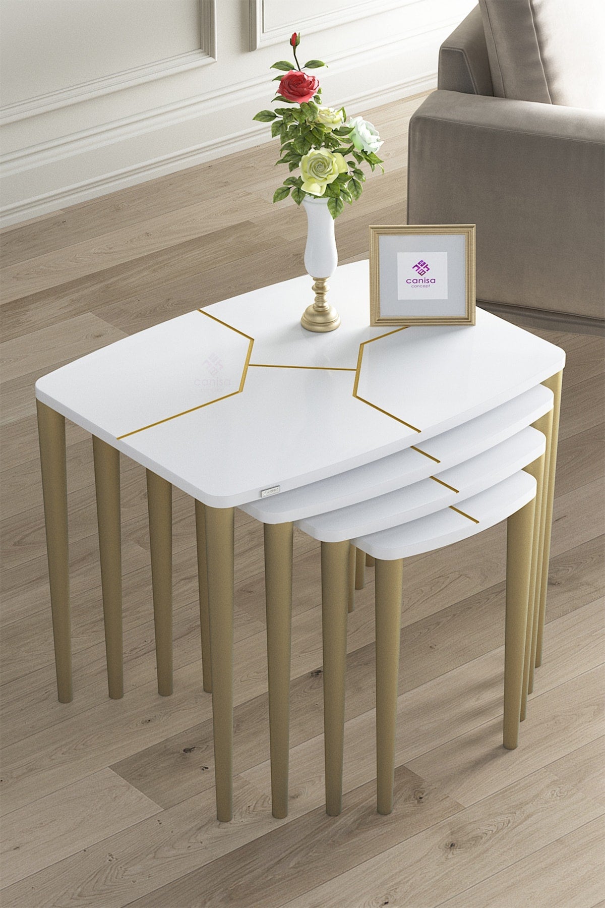 Canisa Concept Lyon Series Mdf 1st Class 4 Pcs Nesting Table Set Size: Coffee Tables White Legs Gold