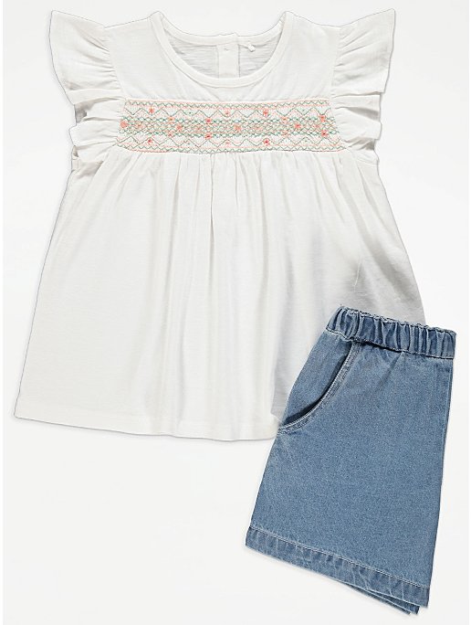 George Embroidered Smock Top and Denim Shorts Outfit
