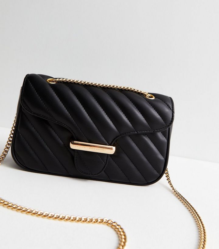 NEW LOOK Black Leather-Look Quilted Chain Strap Shoulder Bag