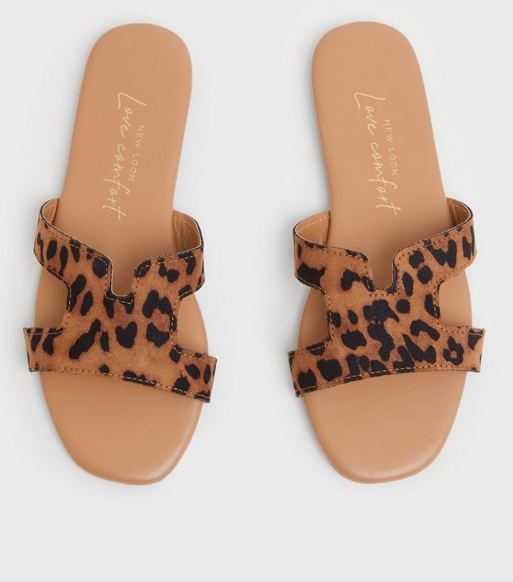 Newlook Brown Leopard Print Suedette Cut Out Sliders