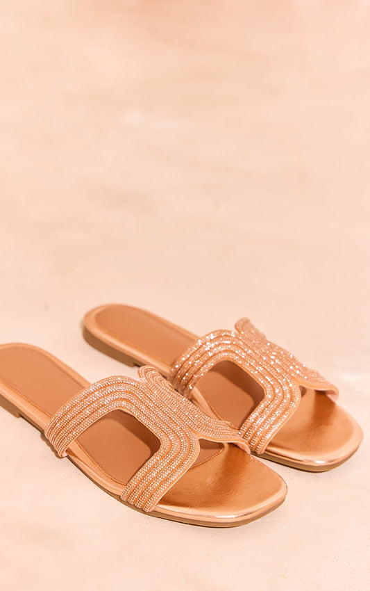 Prettylittlething Rose Gold PU Round Toe Diamante Cross Strap Flat Sandals