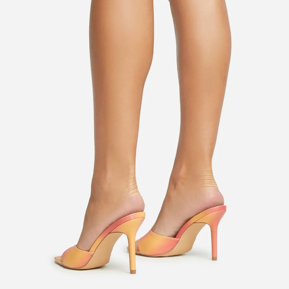 AMINA POINTED PEEP TOE STILETTO HEEL MULE IN ORANGE AND RED OMBRE CROC PRINT FAUX LEATHER