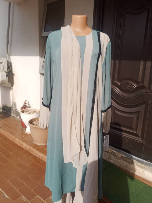 A.A Royal. Egyptian Abaya Half- gown & pant Cream/green