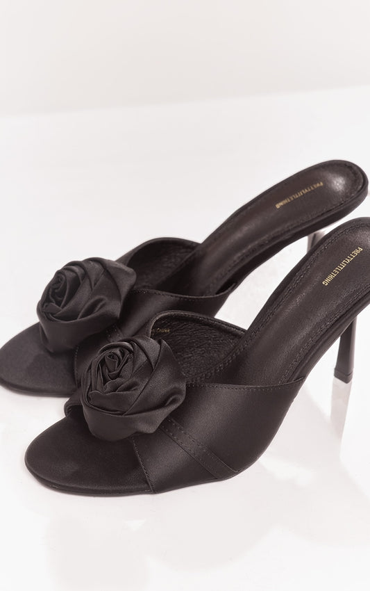 Prettylittlething Black Satin Round Toe Rose Detail Mid Heel Mule Sandals