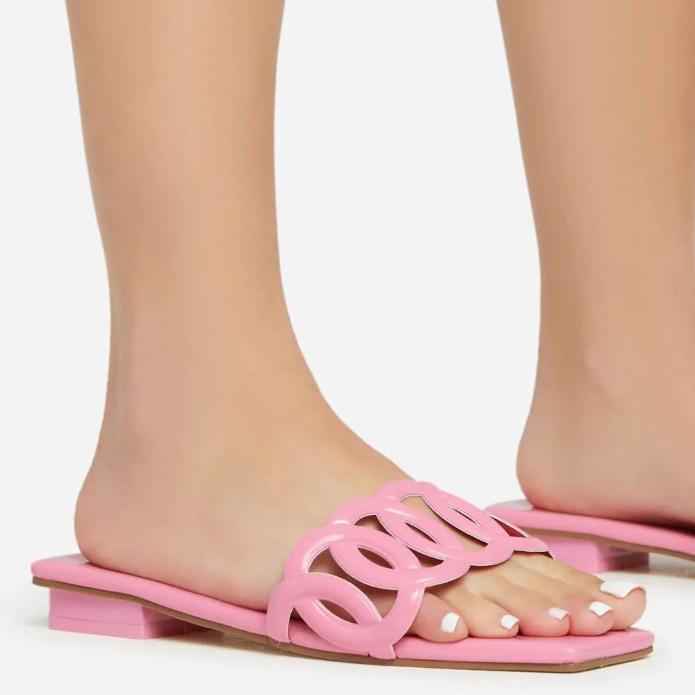 ALL-THE-WAY-UP CUT OUT STRAP DETAIL SQUARE TOE FLAT SLIDER SANDAL IN PINK PATENT