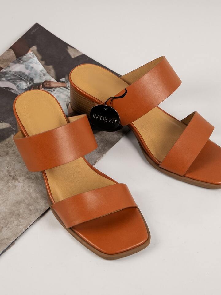 SHEIN Vegan Leather Wide-Fit Square Toe Block Heels - Rust Brown