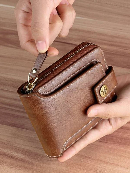 Men Button Decor Zipper Around Small Wallet Credit Card: Dark Brown