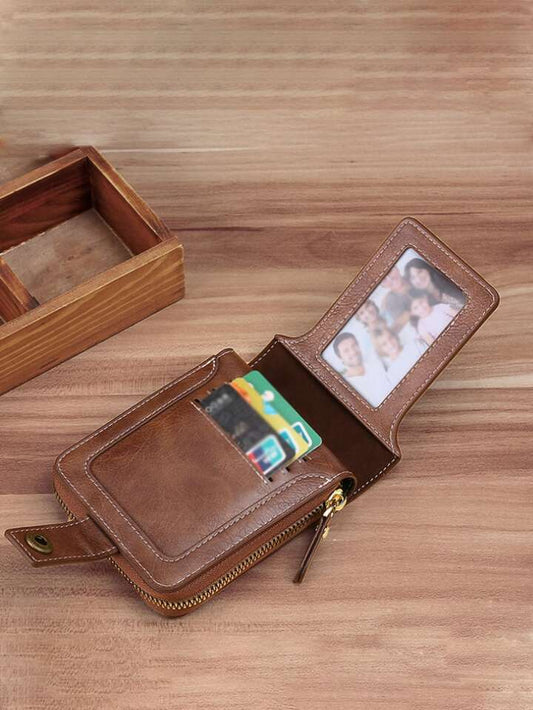Men Button Decor Zipper Around Small Wallet Credit Card: Dark Brown