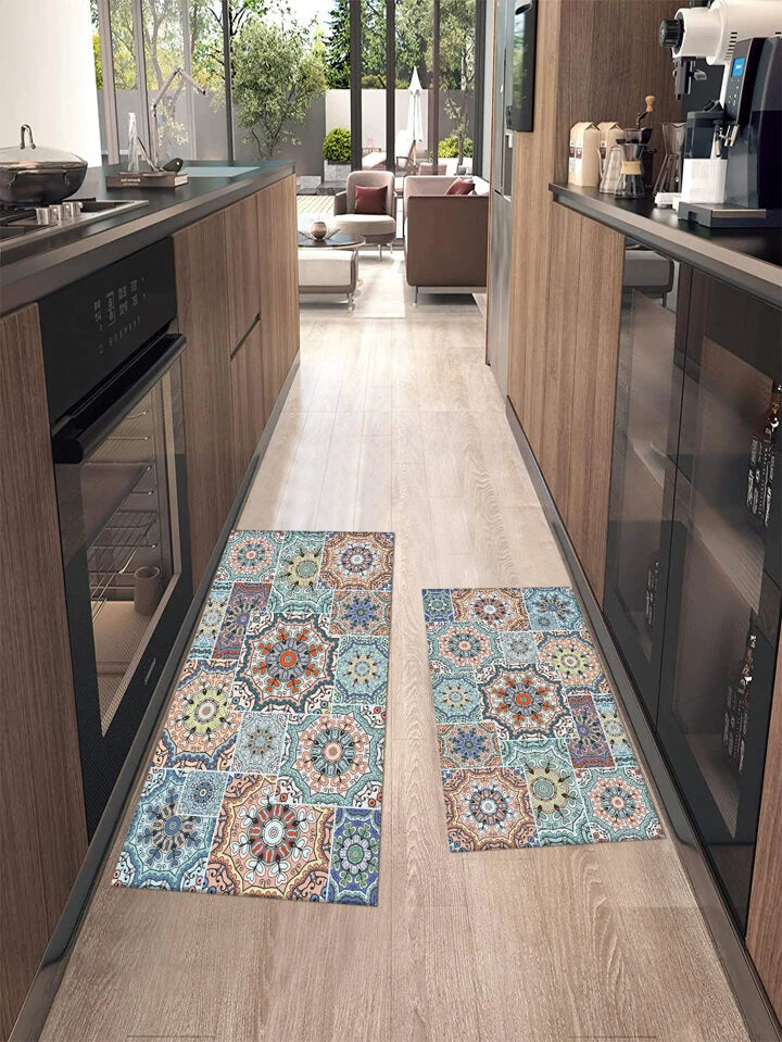 1pc Floral Pattern Kitchen Rug, Bohemian Polyester Kitchen Mat For Home