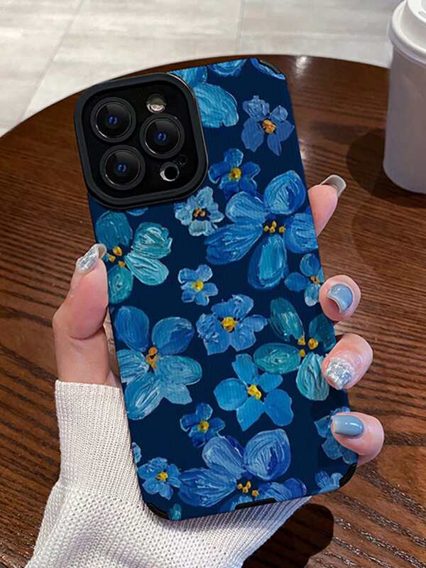 Shein Floral Painted Phone Case; Blue- 13 Pro Max
