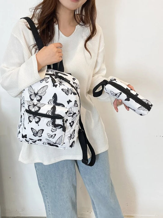 3pcs Animal Print Nylon Backpack, Women's Fashion Multi Zipper Schoolbag, Small Purse For Work & School