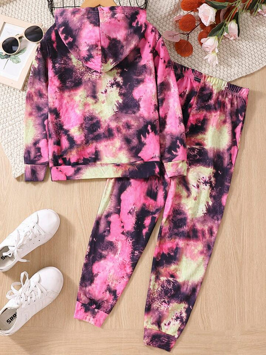 Shein Girls Heart Print Tie Dye Hoodie & Sweatpants Tots & Togs