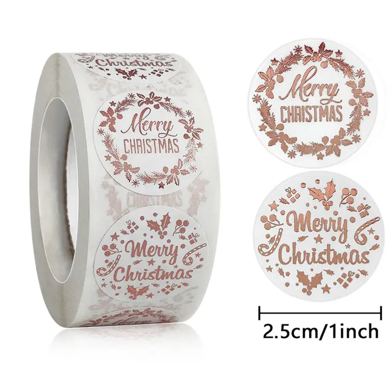 500pcs/roll 1-inch Rose Gold Christmas Happy Stickers For Gift Cards And Decorations