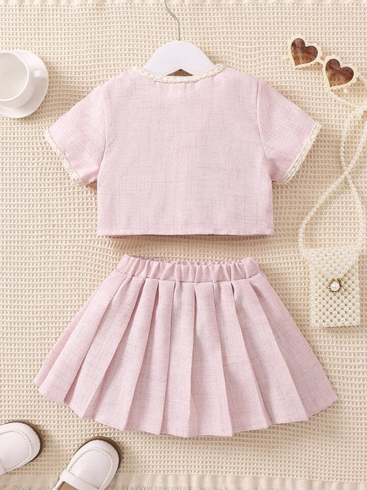 Shein Toddler Girls Contrast Trim Flap Detail Jacket & Pleated Skirt - Baby Pink Tots & Togs