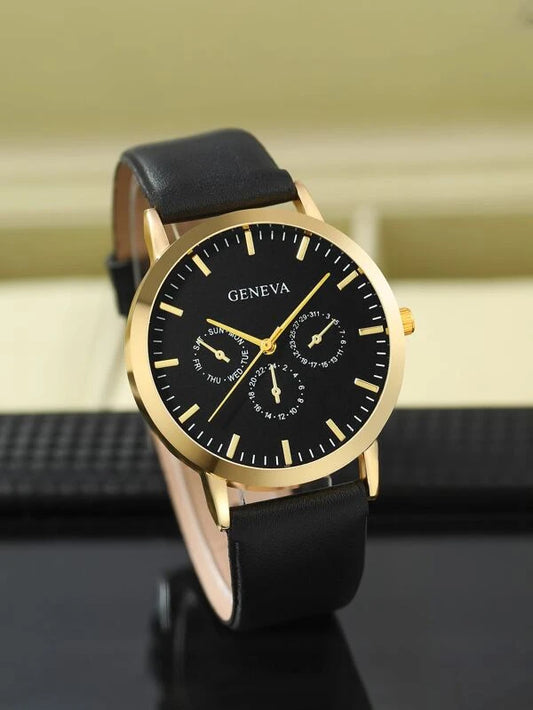 GENEVA Men Round Pointer Quartz Watch & 1pc Bracelet