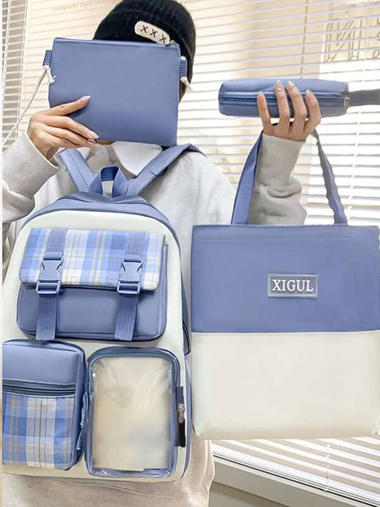 4pcs Plaid Pattern Functional Backpack Set School Bag Set