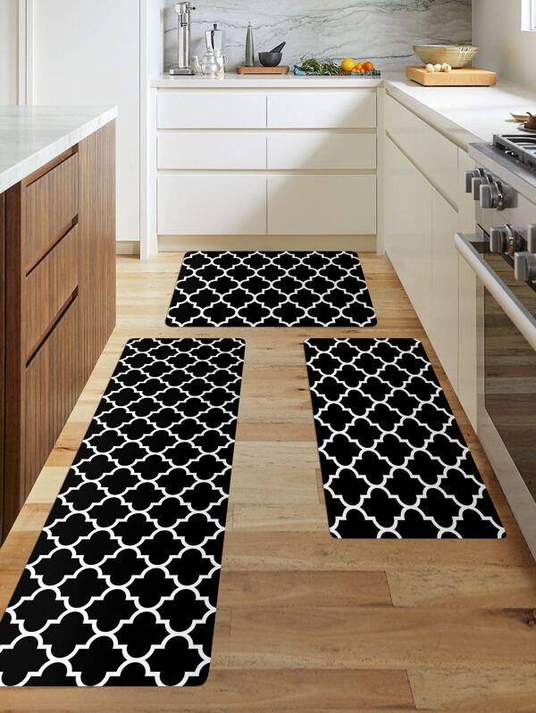 1pc Geometric Pattern Kitchen Rug - Black