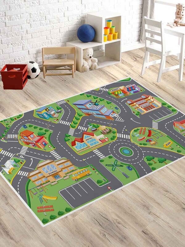SHEIN 1pc City Pattern Rug, Cartoon Polyester Floor Carpet For Home, Kids