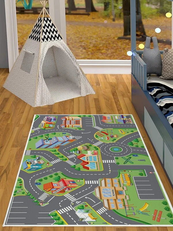 SHEIN 1pc City Pattern Rug, Cartoon Polyester Floor Carpet For Home, Kids