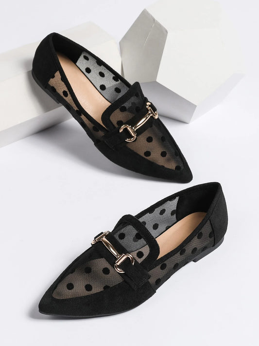 Shein Women Breathable Polka Dot Snaffle Decor Point Toe Flats, Fashionable Outdoor Mesh Loafer Flats