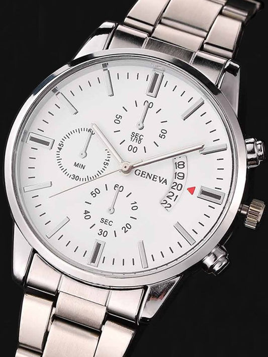 GENEVA  Men Round Pointer Silver Date Quartz Watch