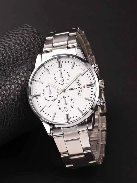 GENEVA  Men Round Pointer Silver Date Quartz Watch