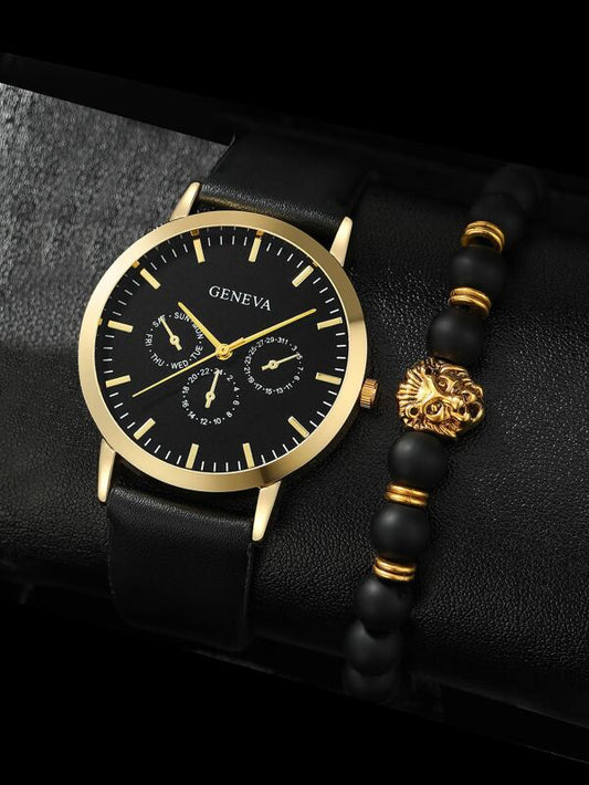 GENEVA Men Round Pointer Quartz Watch & 1pc Bracelet