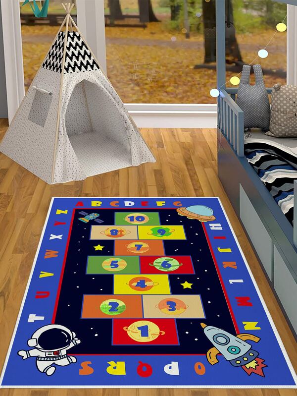 SHEIN 1pc Alphabet Pattern Rug, Modernist Polyester Floor Carpet For Home: BLUE