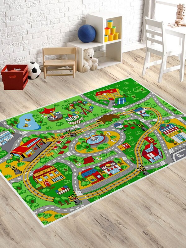 SHEIN 1pc City Traffic Kids Game Rug, Cartoon Polyester Floor Carpet For Home: Green
