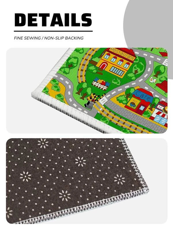 SHEIN 1pc City Traffic Kids Game Rug, Cartoon Polyester Floor Carpet For Home: Green