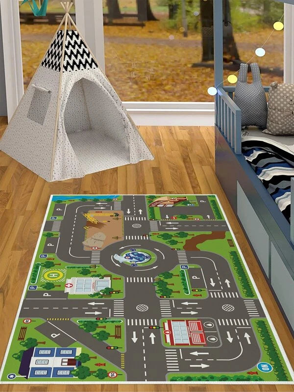 SHEIN 1pc City Traffic Pattern Rug, Funny Polyester Floor Carpet For Home: 60*90