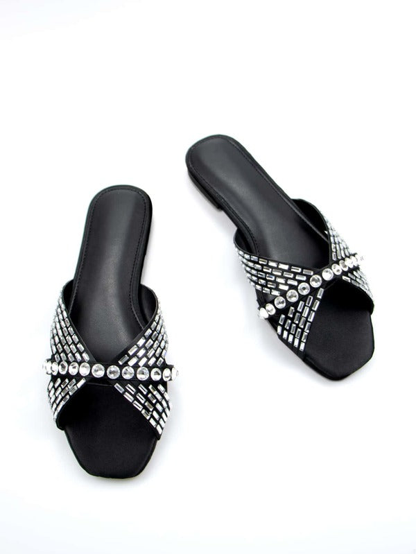 Women Rhinestone Decor Slide Sandals - Black