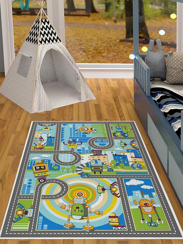 SHEIN 1pc Robot & City Pattern Kids Game Rug, Cartoon Cute Polyester Floor Carpet For Home