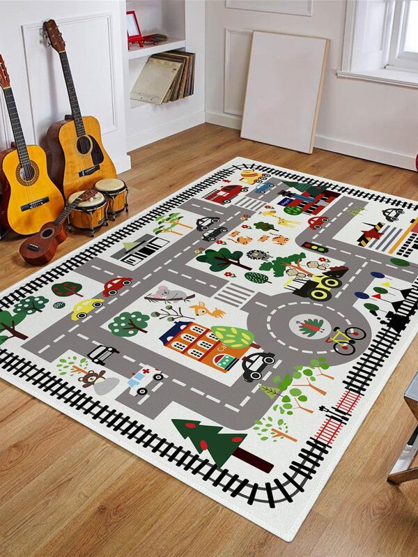 SHEIN 1pc Animal & Tree Pattern Rug, Modern Polyester Floor Mat For Living Room And Bedroom