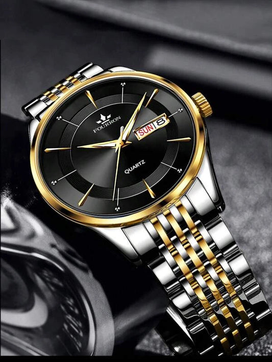 1pc Men Two Tone Stainless Steel Strap Business Date Round Dial Quartz Watch