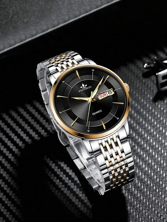 1pc Men Two Tone Stainless Steel Strap Business Date Round Dial Quartz Watch