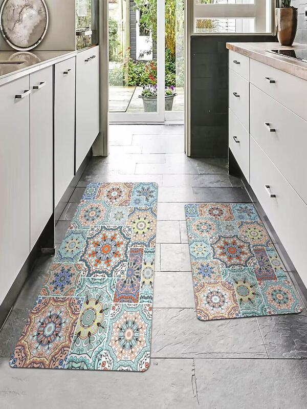 1pc Floral Pattern Kitchen Rug, Bohemian Polyester Kitchen Mat For Home