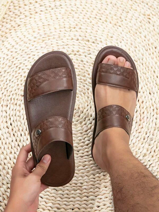 Fashionable Slides For Men, Geometric Embossed Double Strap Slippers -COFFEE BROWN