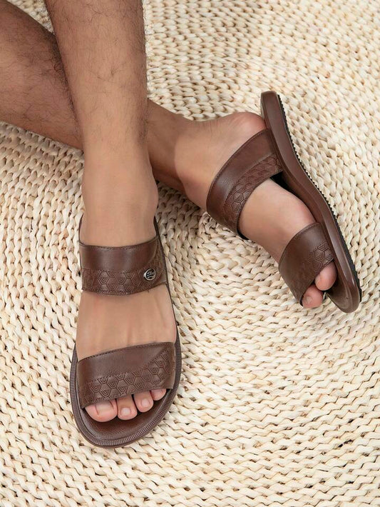 Fashionable Slides For Men, Geometric Embossed Double Strap Slippers -COFFEE BROWN