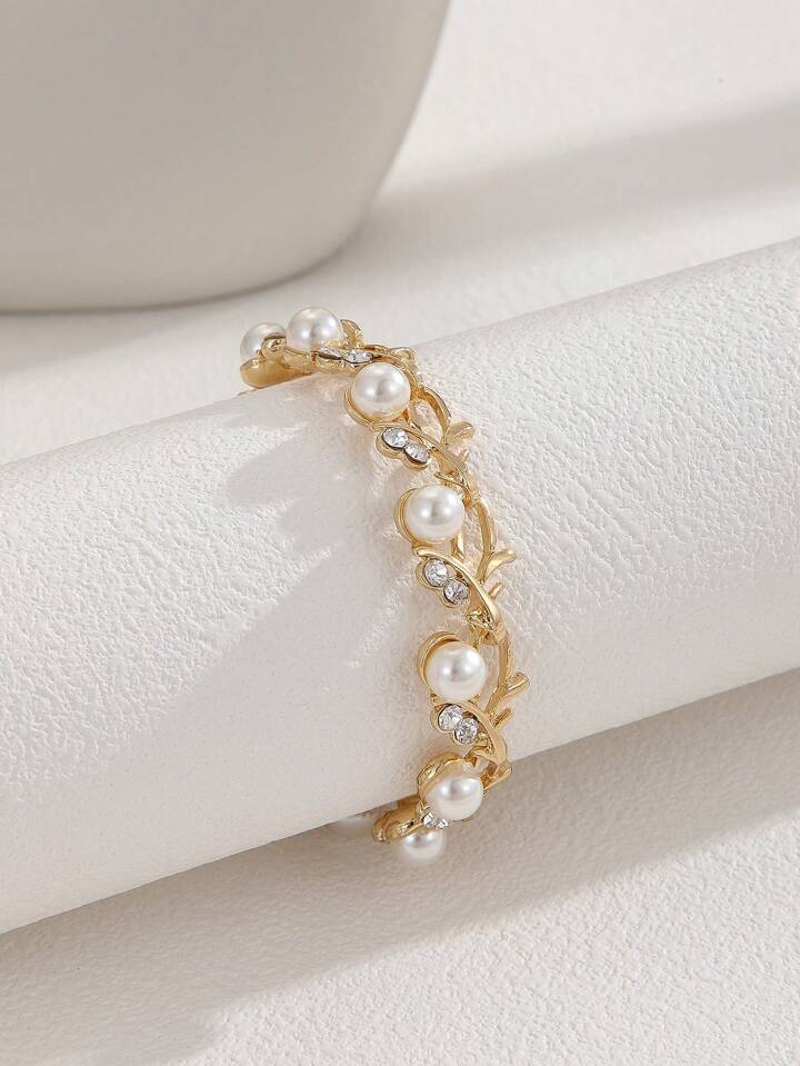 1pc Luxury Zinc Alloy Faux Pearl & Rhinestone Decor Leaf Detail Chain Bracelet For Women For Daily Life