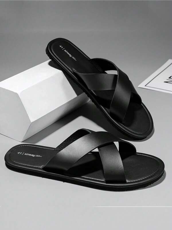 Fashion Black Slippers For Men, Criss Cross Slides