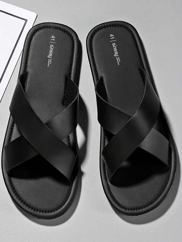 Fashion Black Slippers For Men, Criss Cross Slides