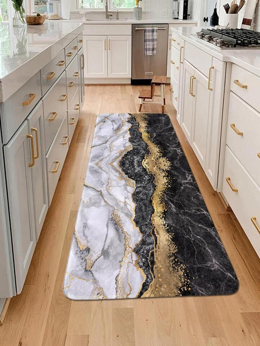 1pc Marble Print Kitchen Rug, Modern Polyester Anti-slip Kitchen Mat For Kitchen