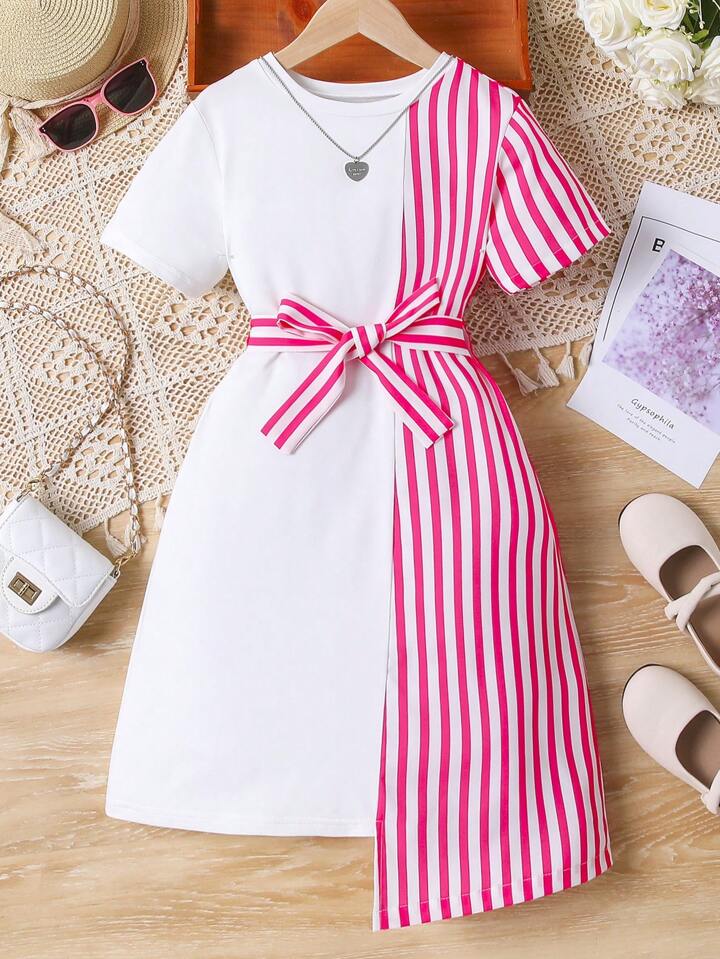 SHEIN Tween Girl Striped Print Asymmetrical Hem Dress