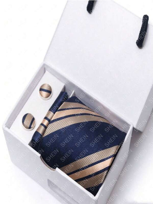 4pcs/set Men Striped Pattern Tie & Cufflinks, For Jewelry Gift And Party