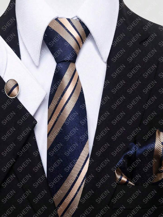4pcs/set Men Striped Pattern Tie & Cufflinks, For Jewelry Gift And Party