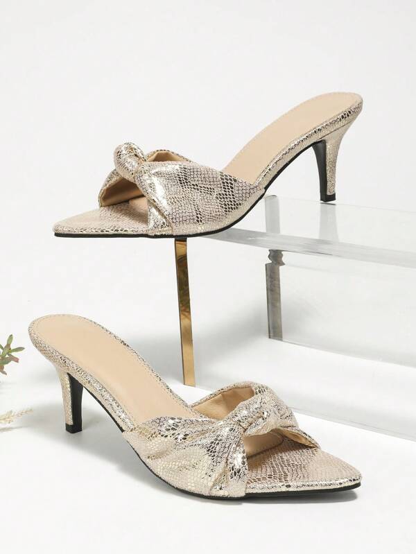 SHEIN Glamorous Mule Sandals For Women, Metallic Knot Detail Stiletto Heeled Sandals