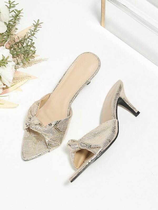 SHEIN Glamorous Mule Sandals For Women, Metallic Knot Detail Stiletto Heeled Sandals