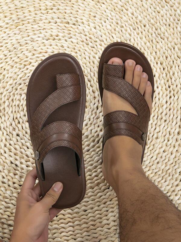 Fashionable Flip Flops For Men, Braided Embossed Cut Out Design Outdoor & Indoor Slippers