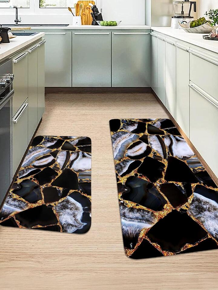 1pc Marble Print Anti-slip Kitchen Rug, Modern Polyester Floor Mat For Kitchen